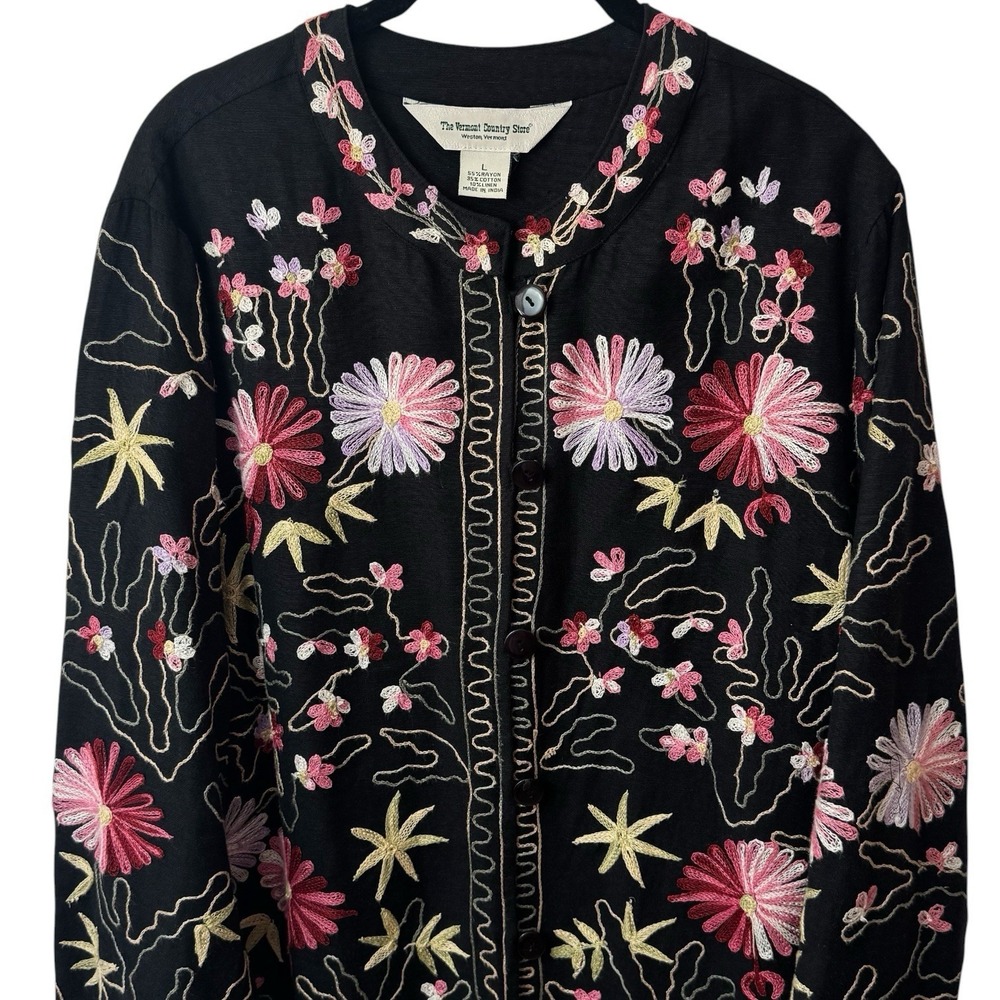 The Vermont Country Store Linen Blend Floral Embroidered Jacket Boho Feminine L - Picture 3 of 10